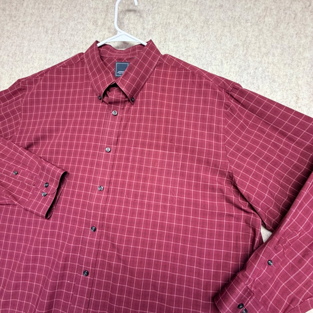 Arrow Button Down Shirt Mens XXL Burgundy Grid Check Long Sleeve 18-18.5